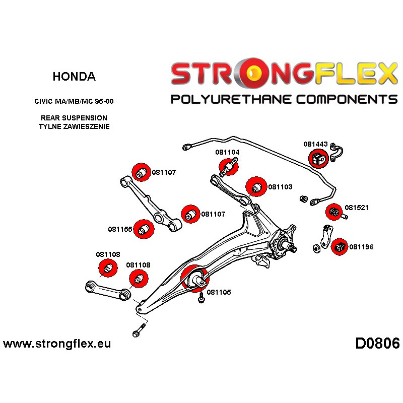 STRONGFLEX|081155A: Rear lower shock mounting bush version 5d SPORT Honda Civic VI 95-00 EJ/EK EM MA MB diagram scheme:D0806