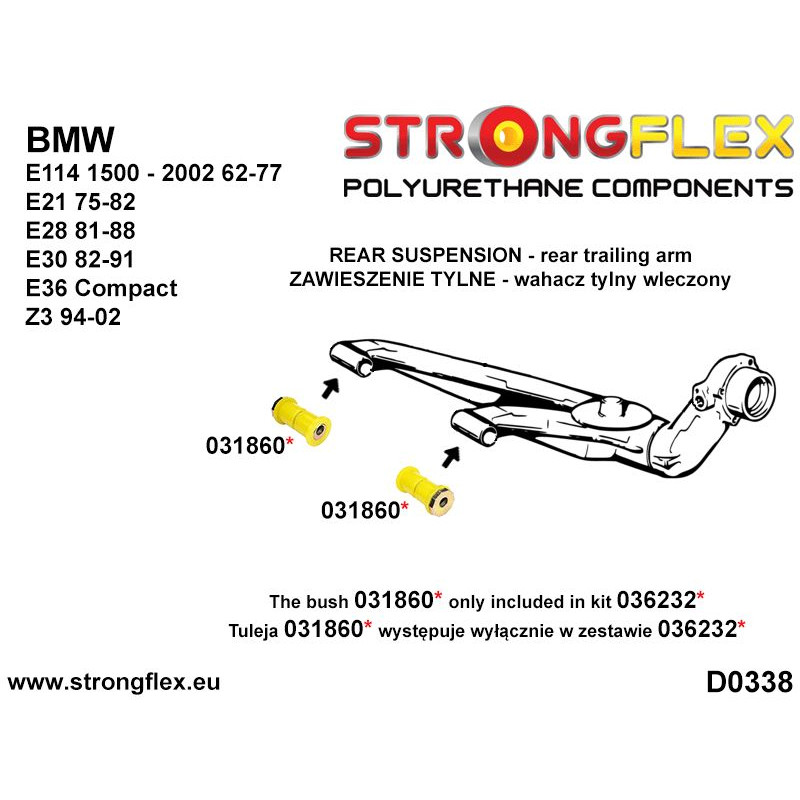 STRONGFLEX|036232A: Zestaw niecentrycznych tulei wahaczy tylnych SPORT BMW Seria 3 I 75-82 E21 II 82-91 diagram schemat:D0338 STRONGFLEX|036232A: Zestaw niecentrycznych tulei wahaczy tylnych SPORT BMW Seria 3 I 75-82 E21 II 82-91 diagram schemat:D0338