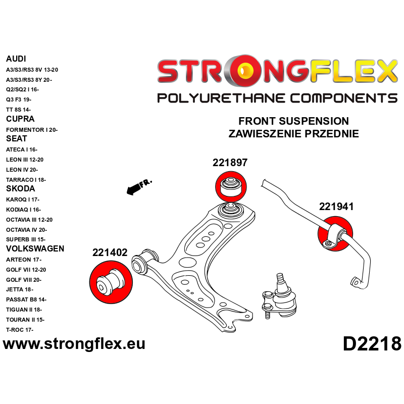 thumbnail image 2 of FLO-FLEX Polyurethane Front Wishbone Suspension Bush Kit For Audi A3 MK2 (Both Sides) 2 of 5