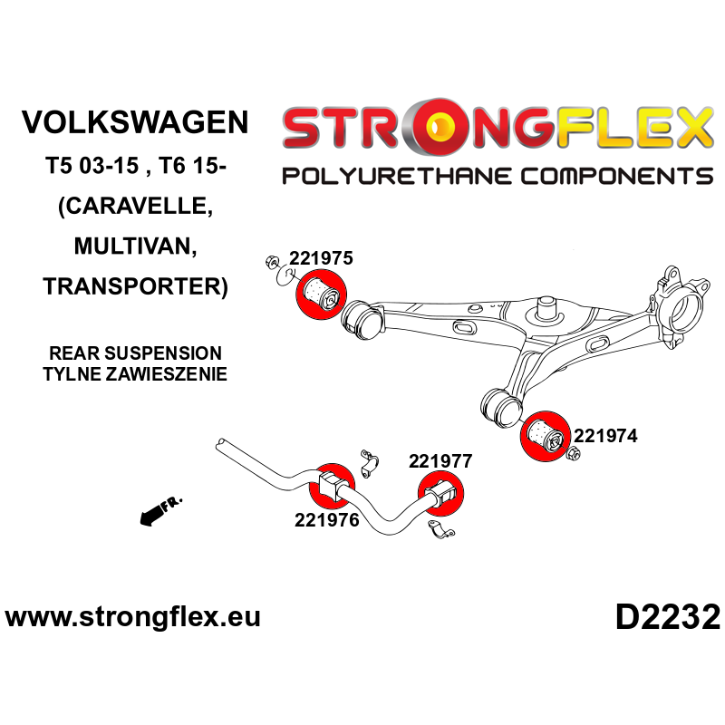 thumbnail image 2 of Flo-Flex Polyurethane Front Suspension Wishbone Bush Set For VW Transporter T6 – Orange – 80 Shore A – Lifetime Warranty 2 of 5