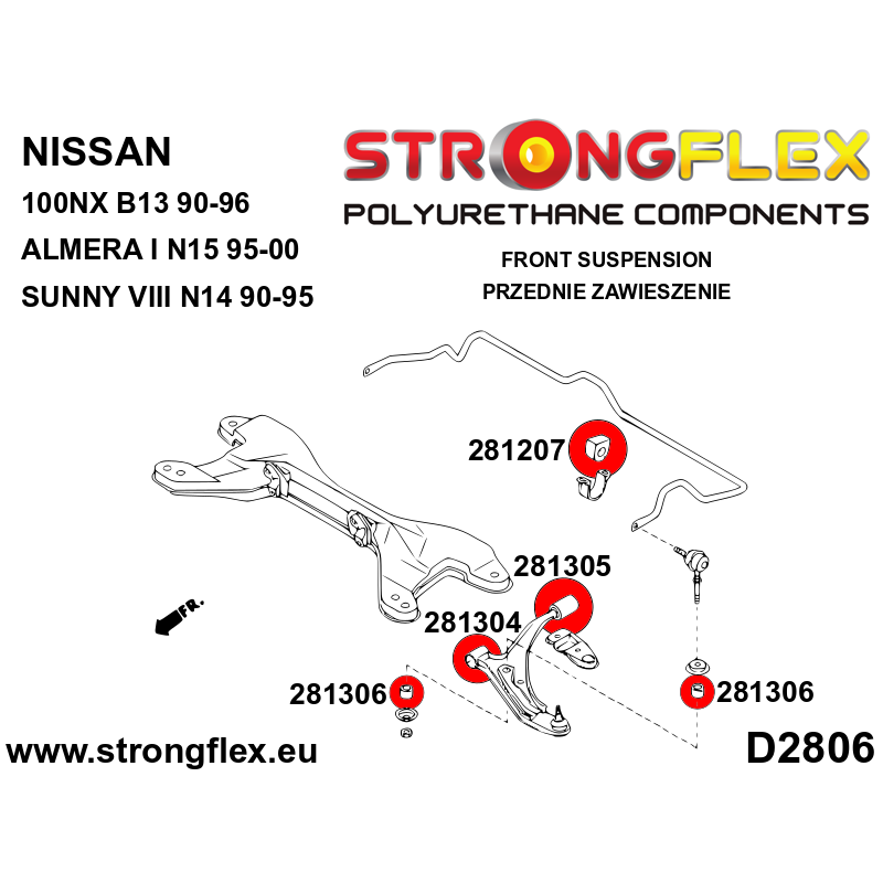 STRONGFLEX|281304B: Front wishbone front bush Nissan 100NX 90-96 B13 Almera I 95-00 N15 Sunny/Pulsar Sentra Sabre VIII 90-95