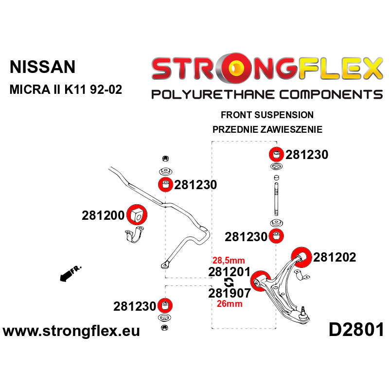 STRONGFLEX|281907A: Tuleja wahacza przedniego przednia 26mm SPORT Nissan Micra II 92-02 K11
