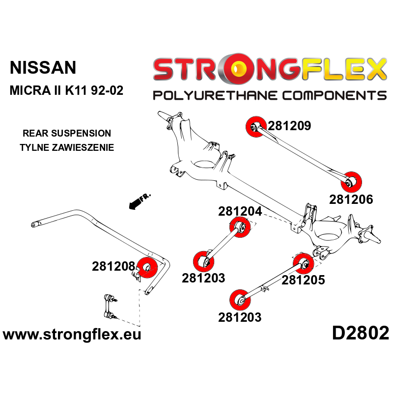 STRONGFLEX|281205A: Rear lower arm - rear bush SPORT Nissan Micra II 92-02 K11