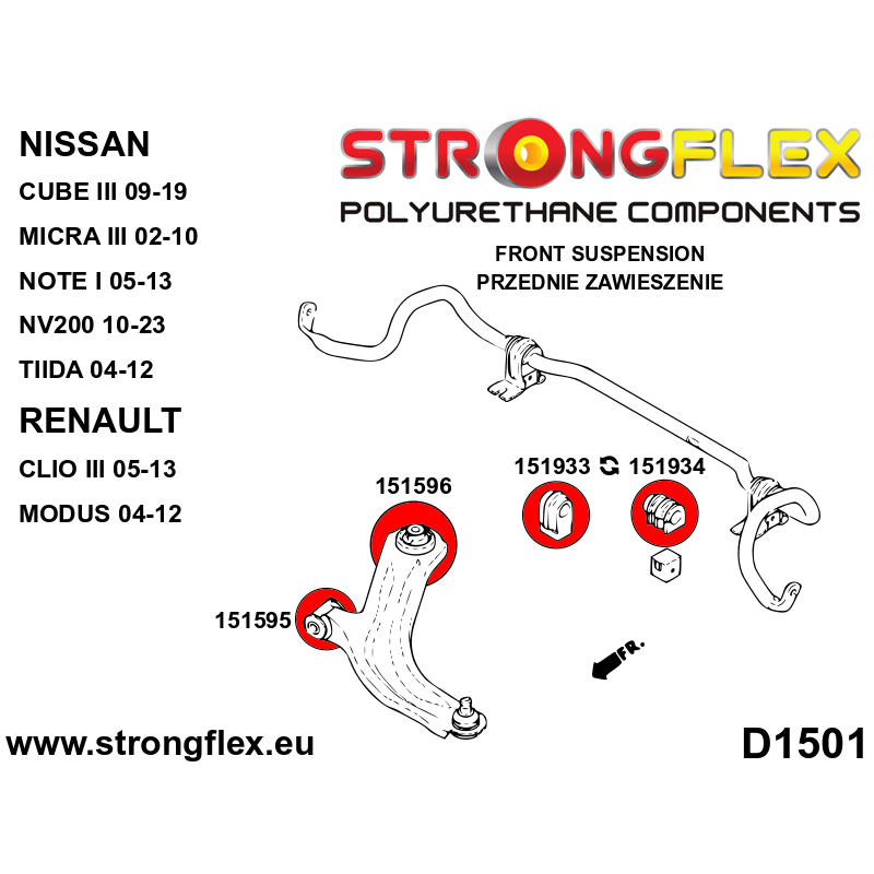 STRONGFLEX|151595A: Tuleja wahacza przedniego przednia SPORT Nissan Micra III 02-10 K12 Note I 05-12 E11 Tiida/Latio Versa C11