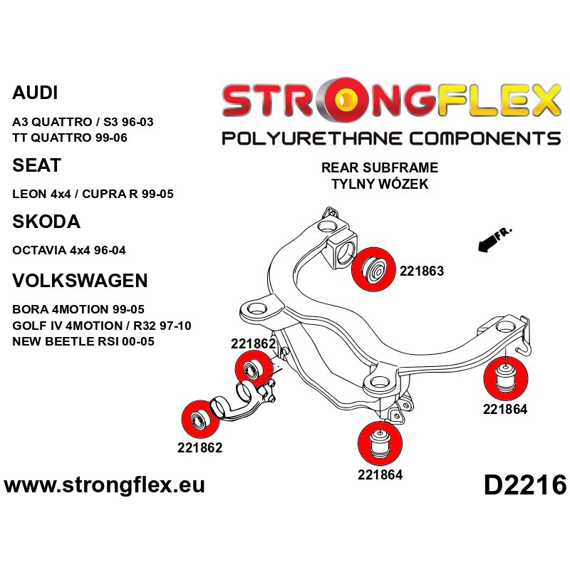 STRONGFLEX|226242B: Hintere Achsträger Buchsen Audi A3/S3 RS3 I 96-03 8L 99-03 Quattro TT TTS TTRS 8N 99-06 Seat Leon 1M 4x4