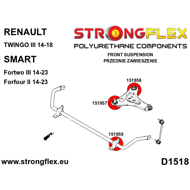 STRONGFLEX|151959A: Vordere Stabilisatorbuchse SPORT Renault Twingo III 14-18 Smart Fortwo 14-23 453 Forfour II