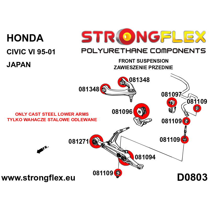STRONGFLEX|081348B: Tuleja wahacza przedniego górnego Honda Civic VI 95-00 EJ/EK EM MA MB MC JAPAN EM1 CR-V I 95-02 RD1 RD2 RD3