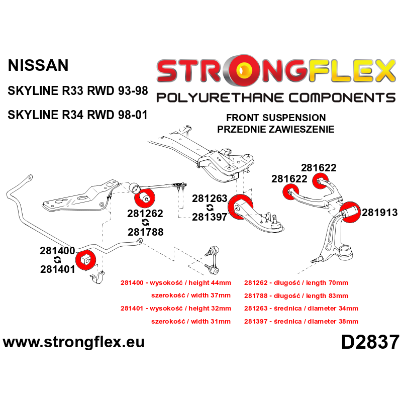 STRONGFLEX|286217B: Polyurethan Buchsensatz für Vorder- und Hinterachse R33 R34 RWD Nissan Skyline IX 93-98 R33 RWD X 97-02 R34