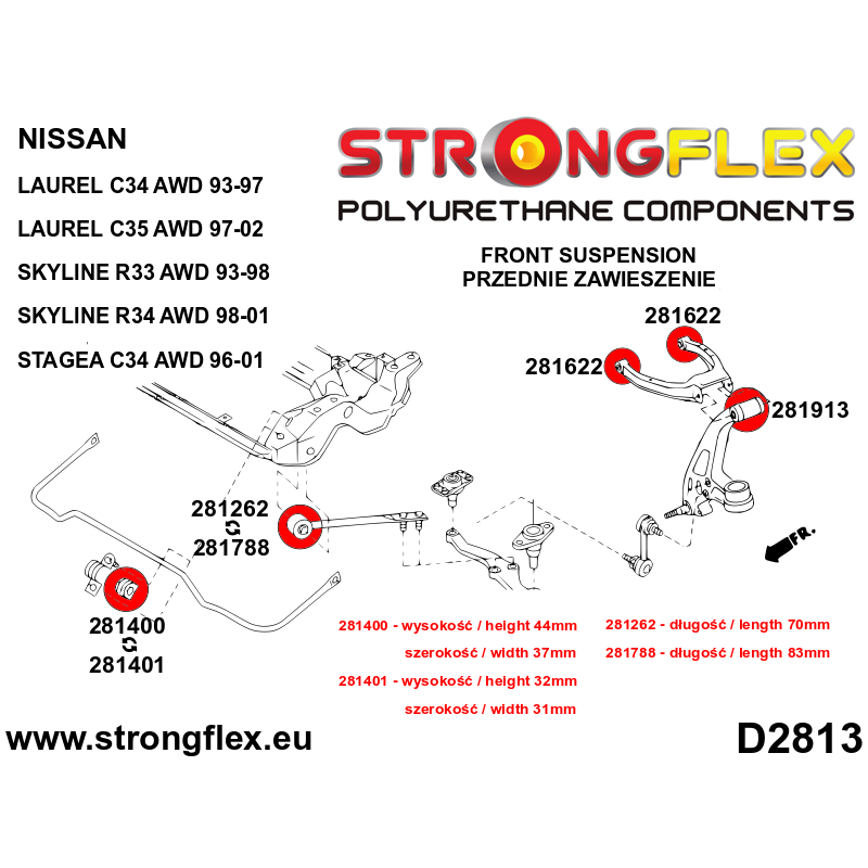 STRONGFLEX|281401A: Tuleja stabilizatora przedniego GT-R SPORT Nissan Skyline VIII 89-94 R32 AWD RWD IX 93-98 R33 X 97-02 R34