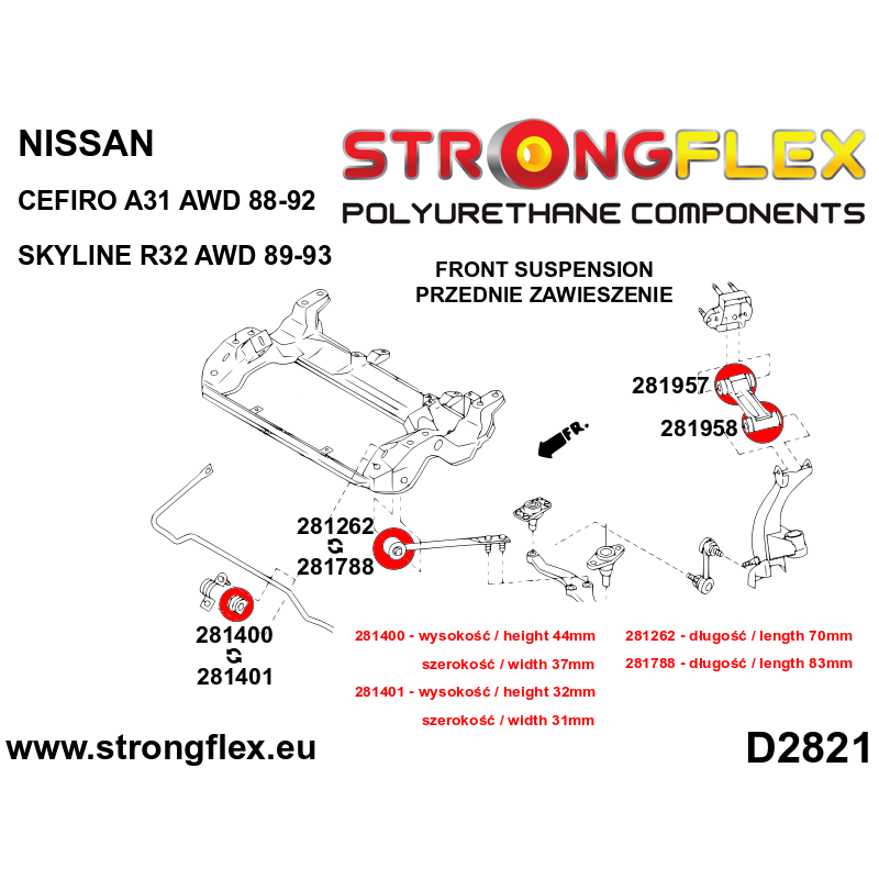 STRONGFLEX|281401A: Tuleja stabilizatora przedniego GT-R SPORT Nissan Skyline VIII 89-94 R32 AWD RWD IX 93-98 R33 X 97-02 R34