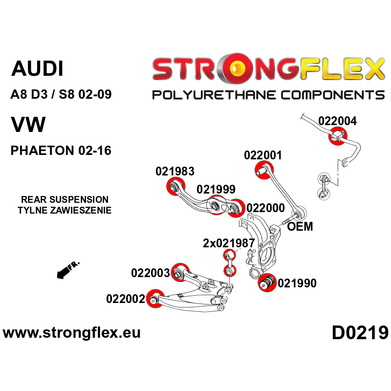 STRONGFLEX|022002B: Tuleja wahacza tylnego dolnego – przednia Audi A8/S8 D3 02-09 FWD Quattro Volkswagen Phaeton I 02-16