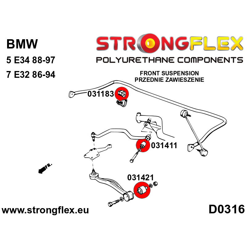 STRONGFLEX|031183A: Tuleja stabilizatora przedniego SPORT BMW Seria 3 III 90-99 E36 93-00 Compact 92-99 M3 5 II 81-88 E28 88-96