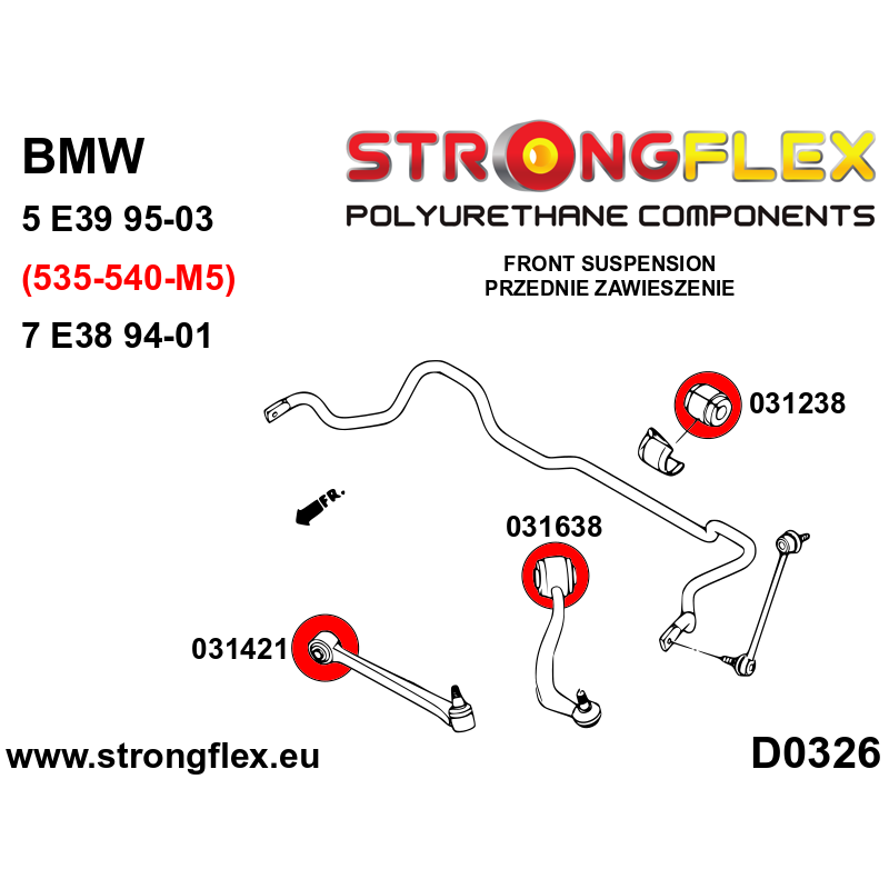 STRONGFLEX|031638B: Tuleja wahacza przedniego 66mm BMW Seria 5 IV 95-03 E39 Sedan Touring 7 III 94-01 E38 X5 I 99-06 E53 X3