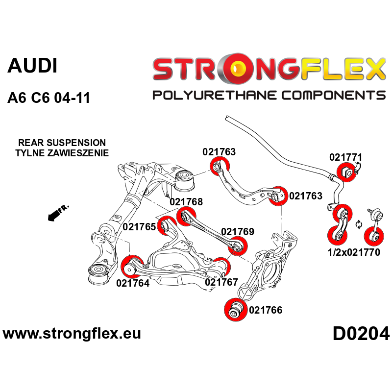 STRONGFLEX|021767A: Tuleja wahacza tylnego dolnego zewnętrzna SPORT Audi A6/S6 RS6 C6 04-11 Quattro Allroad FWD 07-10 06-11