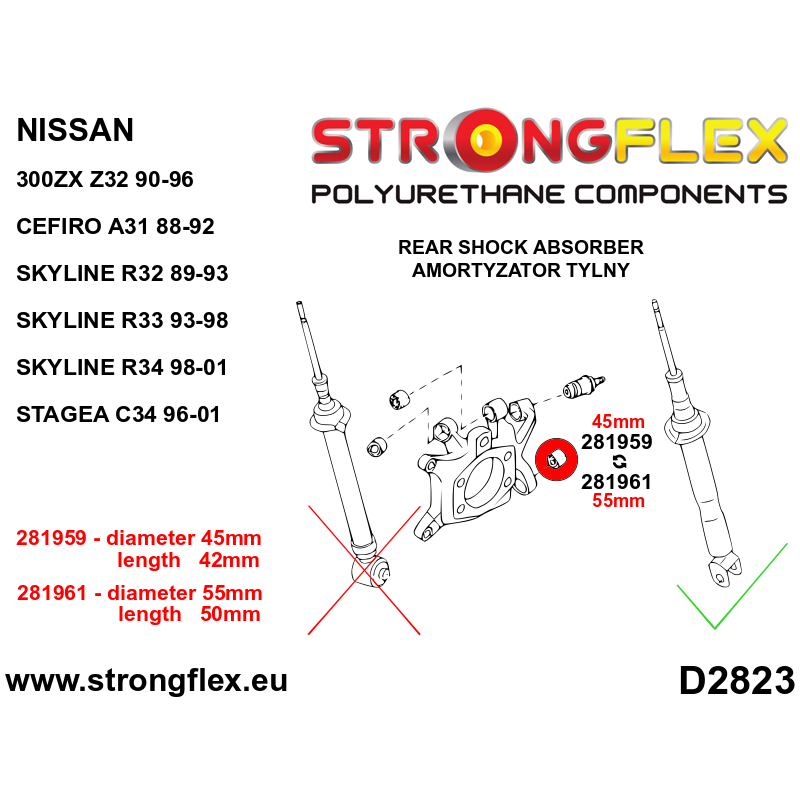 STRONGFLEX|281959A: Rear lower shock mount bush 45mm SPORT Nissan 300ZX 90-96 Z32 Skyline VIII 89-94 R32 AWD Cefiro 88-92 A31