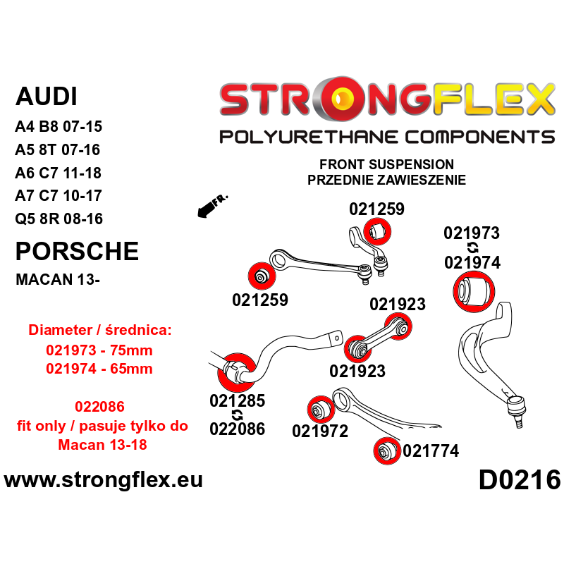 STRONGFLEX|021973B: Front lower wishbone rear bush 75mm Porsche Macan 13- Audi A4/S4 RS4 IV 07-15 B8 FWD Quattro Allroad A5 S5
