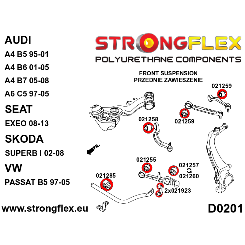 STRONGFLEX|021257A: Tuleja wahacza przedniego dolnego zewnętrzna - długość 50mm SPORT Audi A6/S6 RS6 C5 97-04 Quattro