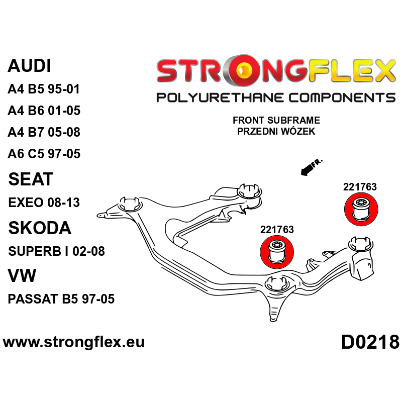 STRONGFLEX|221763A: Front subframe bush SPORT Audi A6/S6 RS6 C5 97-04 Quattro Allroad FWD A4 S4 RS4 I 95-01 B5 II 01-05 B6 III