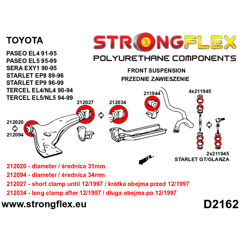 STRONGFLEX|212094B: Tuleja wahacza przedniego – przednia 34mm Toyota Sera 90-95 EXY1 Starlet EP91/Glanza V 96-99 EP82 GT