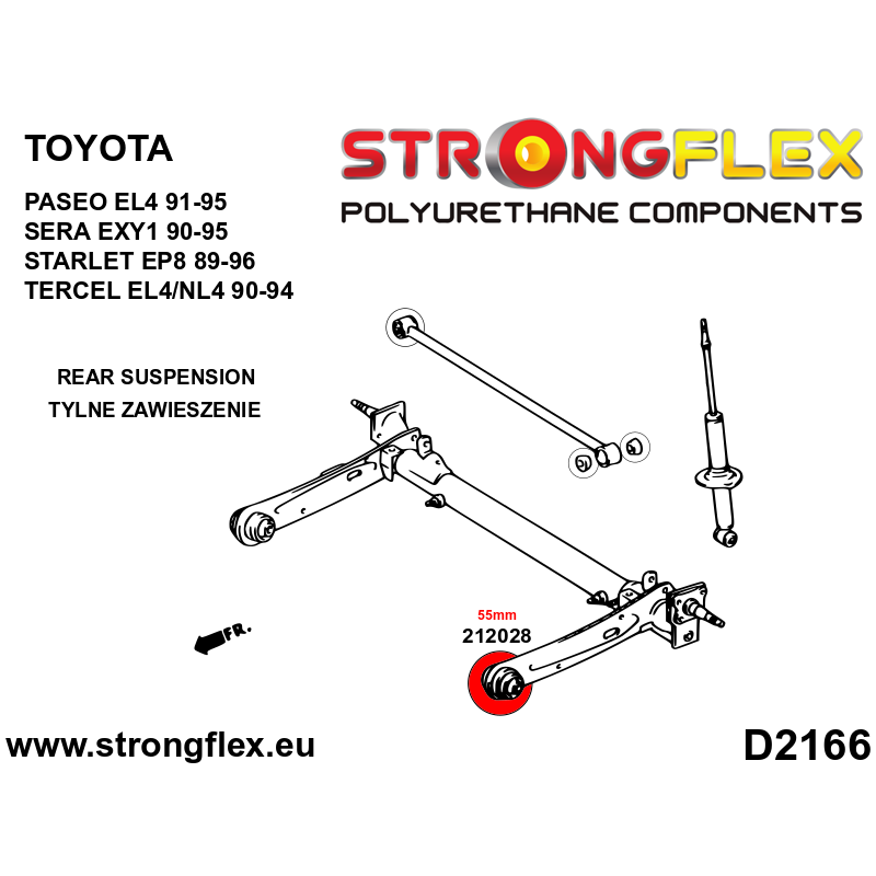 STRONGFLEX|212028B: Hinterstrahl-Montagebuchse 55mm Toyota Sera 90-95 EXY1 Starlet EP91/Glanza V 96-99 Tercel EL4/NL4 90-94