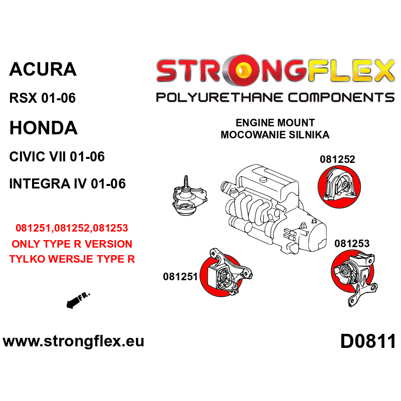 STRONGFLEX|081251B: Engine front mount inserts Acura RSX 01-06 DC5 Honda Civic VII EP3 Type R Integra IV