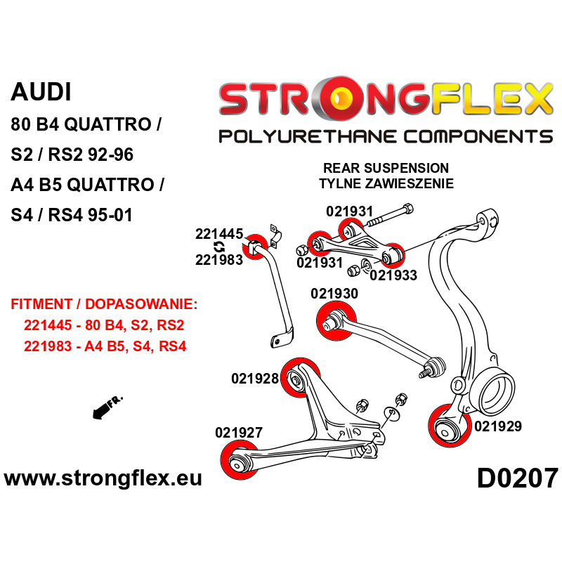 STRONGFLEX|021931A: Tuleja wahacza tylnego górnego – wewnętrzna SPORT Audi 80/90 S2 RS2 B4 91-96 Quattro A4 S4 RS4 I 95-01