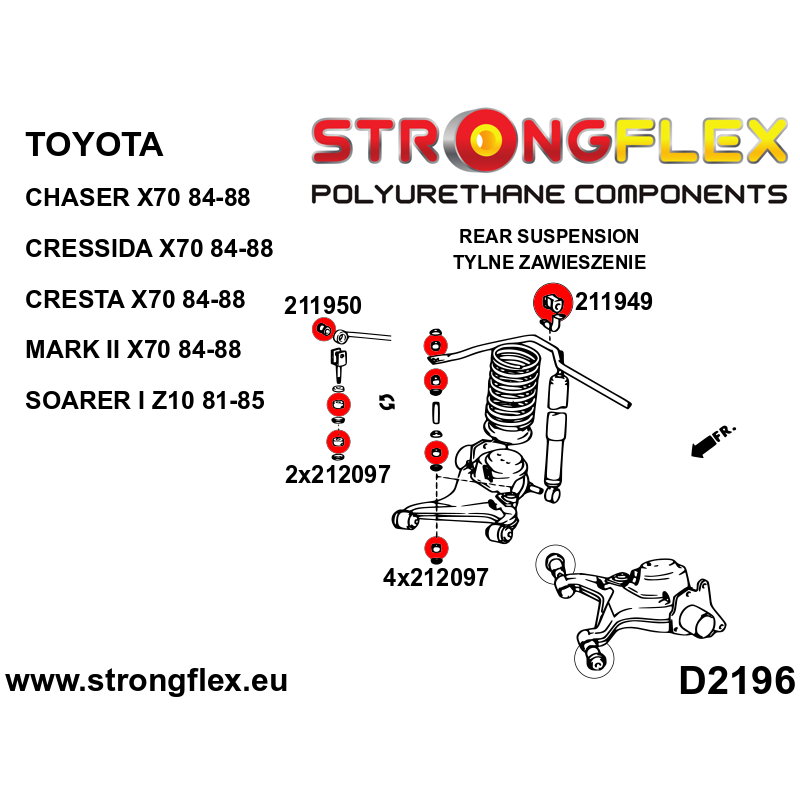 STRONGFLEX|212097B: Rear anti roll bar link bush Toyota Corolla V 83-90 E80 RWD 83-87 AE85/AE86 Cresta I 80-84 X50/X60 II 84-88