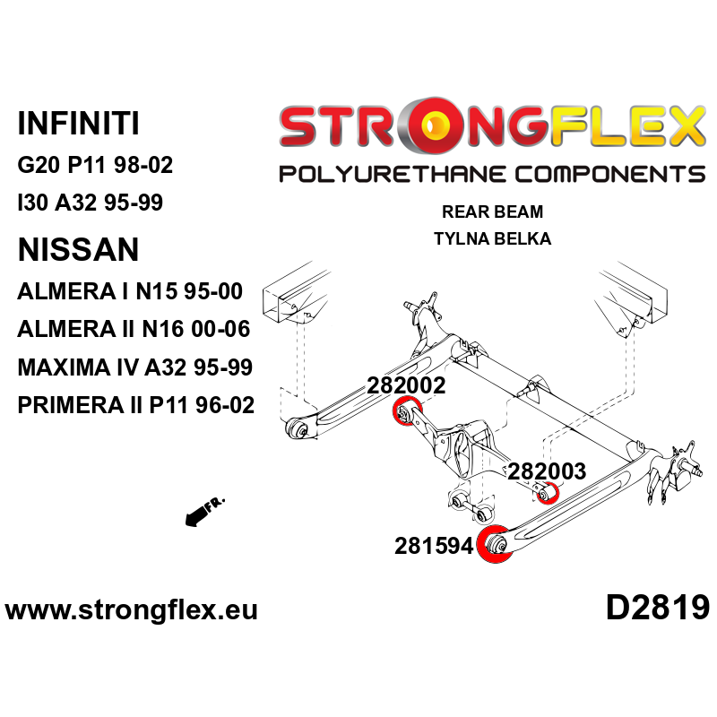STRONGFLEX|282002A: Rear beam wishbone bush SPORT Nissan Almera I 95-00 N15 II 00-06 N16 Primera 96-02 P11 Maxima IV 95-99 A32