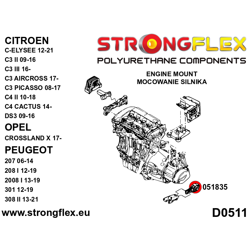 STRONGFLEX|051835B: Rear lower engine mount insert Citroën C3 II 09-16 SC Peugeot 207 06-12 Picasso 08-17 Aircross 17- III 16-