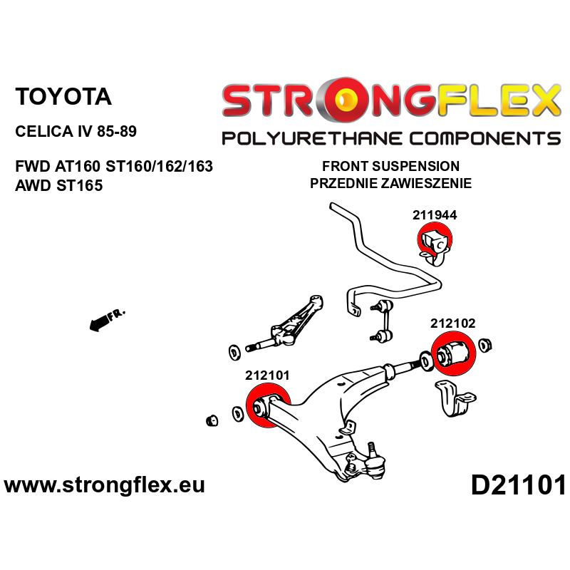 STRONGFLEX|211944A: Tuleja stabilizatora przedniego SPORT Toyota Corolla V 83-90 E80 RWD 83-87 AE85/AE86 Celica 89-93 T180 AWD