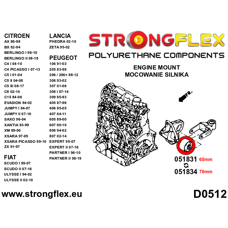 STRONGFLEX|051834B: Front lower engine mount 70mm Citroën AX 86-98 Saxo/Chanson 97-99 VTS VTR Xsara 97-05 ZX 91-97 Berlingo I