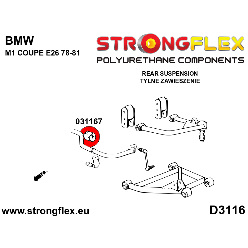 STRONGFLEX|031167A: Tuleja stabilizatora przedniego / tylnego SPORT BMW Seria 3 III 90-99 E36 92-99 M3 Cabrio Coupe Sedan