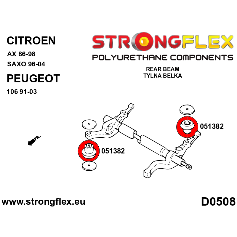 STRONGFLEX|051382B: Rear crossmember bush Citroën AX 86-98 Saxo/Chanson 96-04 VTR VTS Peugeot 106 91-03 GTI RALLYE XSI