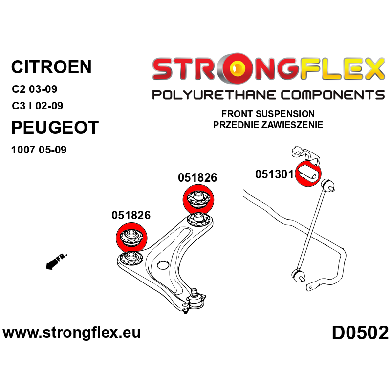STRONGFLEX|056001A: Front suspension bush kit SPORT Citroën C2 03-09 C3 I 02-12 FC/FN Peugeot 1007 04-09