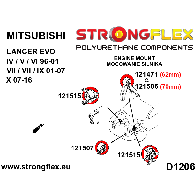 STRONGFLEX|121471B: Front lower diff mount 62mm Mitsubishi Lancer Evolution IV/V VI 96-01 VII VIII IX 01-07 X 07-16 STRONGFLEX|121471B: Front lower diff mount 62mm Mitsubishi Lancer Evolution IV/V VI 96-01 VII VIII IX 01-07 X 07-16