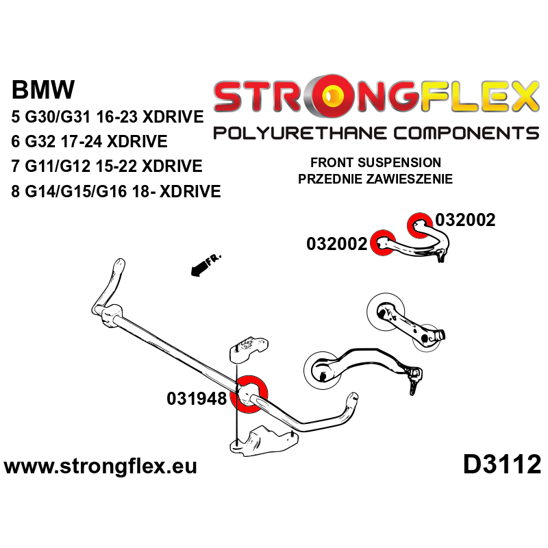STRONGFLEX|031948B: Tuleja stabilizatora przedniego BMW Seria 1 II 11-19 F20/F21 RWD 3 VI 13-20 F30 F31 F34 F80 5 VII 17- G30