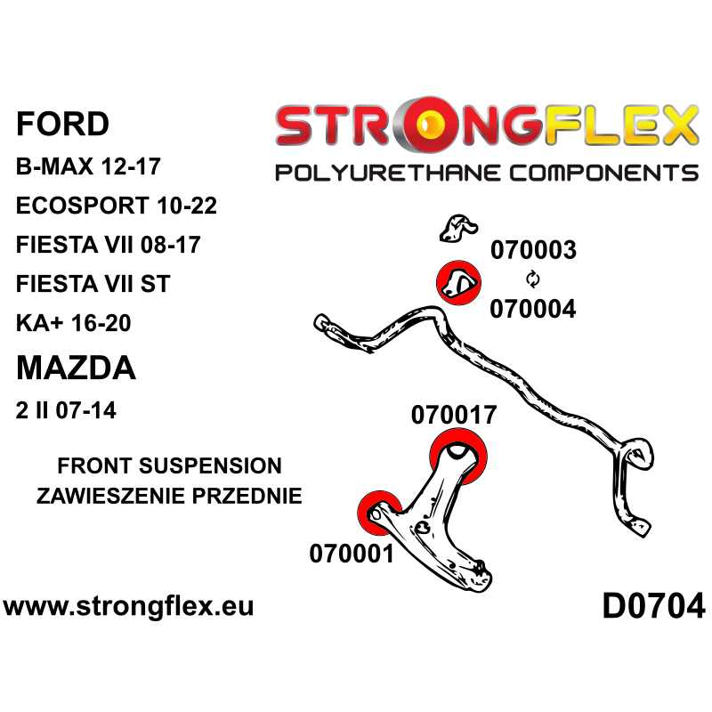STRONGFLEX|076151B: Kit de casquillos de suspensión delantera Ford Fiesta MK7/ST 08-17 Mazda 2 Demio II 07-14 KA KA 16-20