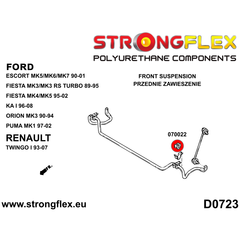 STRONGFLEX|070022B: Front anti roll bar bush Ford KA 96-08 I Fiesta MK4/MK5 95-02 Escort MK6 MK7 90-01 diagram scheme:D0723