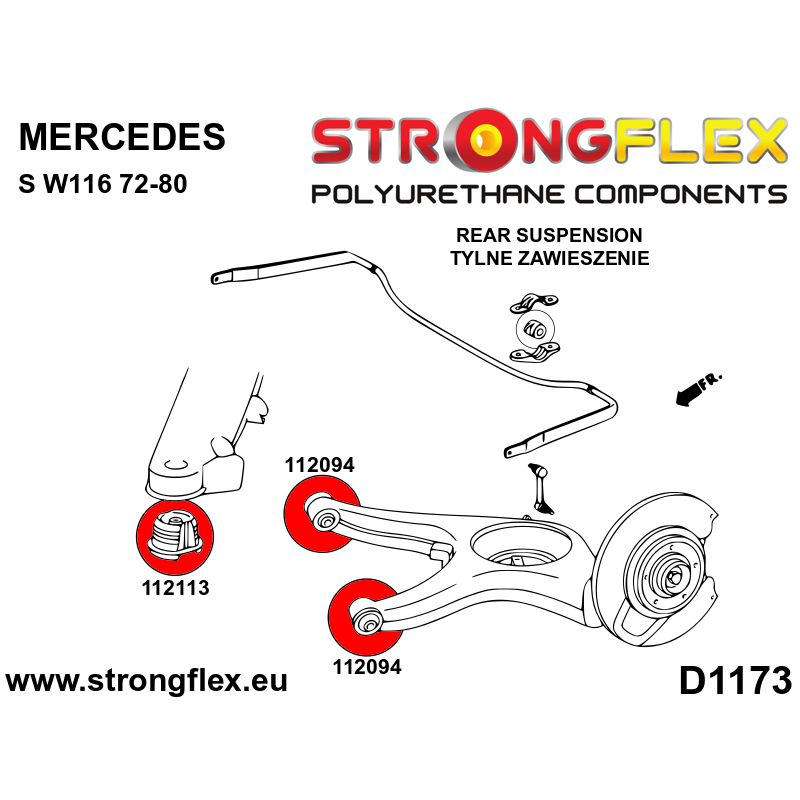 STRONGFLEX|112113A: Rear beam bush SPORT Mercedes W123 76-86 Class S W116 72-80 SL R107 71-89/8 W114/W115 diagram scheme:D1173