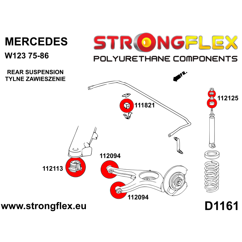 STRONGFLEX|116300B: Hinterachsbuchsen Satz Mercedes W123 76-86/8 W114/W115 67-76 Diagramm Schema:D1161