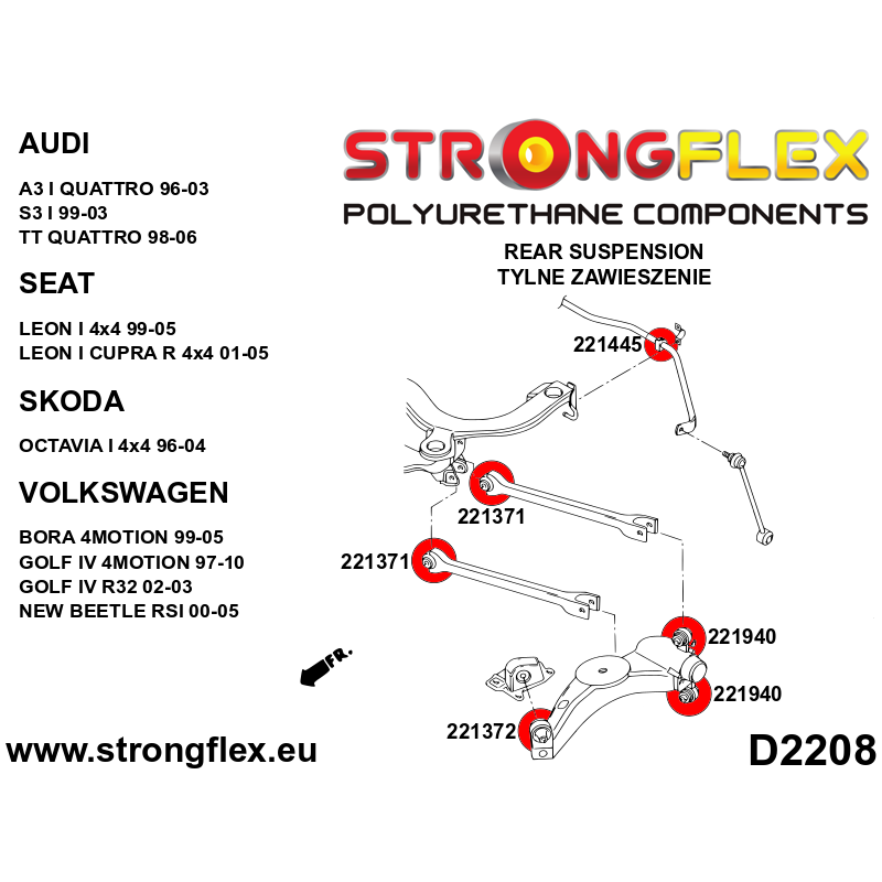 STRONGFLEX|221940A: Casquillo de la barra trasera al buje SPORT Audi A3/S3 RS3 I 96-03 8L Quattro TT TTS TTRS 8N 99-06 :D2208