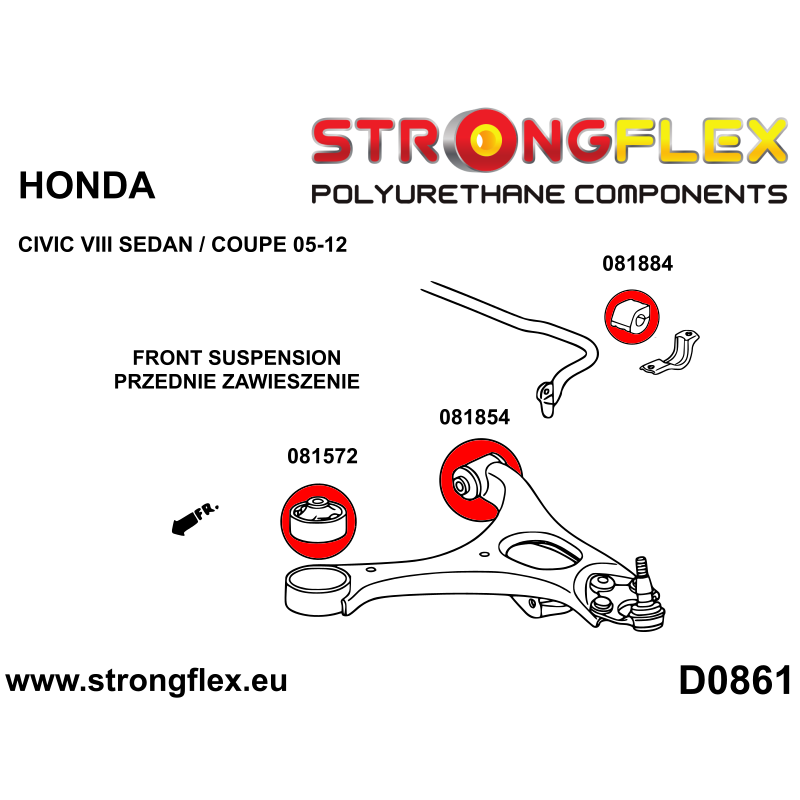 STRONGFLEX|081854A: Casquillo de horquilla delantera - trasera SPORT Honda Civic VIII 06-12 Sedan/Coupe FA FD FG IX 12-17 FK