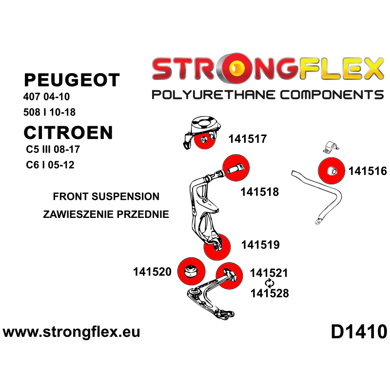 STRONGFLEX|141528B: Front wishbone rear bush 51mm Citroën C5 III 08-17 Peugeot 407 04-11 C6 I 05-12 508 10-18