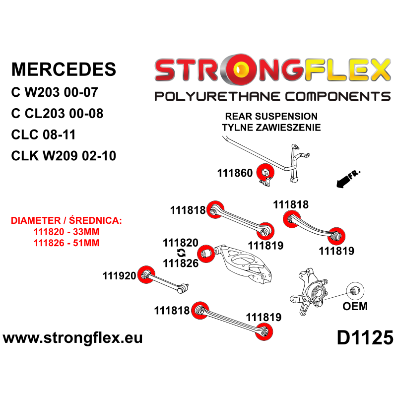 STRONGFLEX|111826A: Casquillo interior del brazo de control trasero 51 mm SPORT Mercedes CLK W209 02-10 Klasa S W140 91-98 C