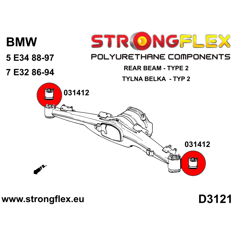 STRONGFLEX|031412A: Rear beam mount bush SPORT BMW Series 5 III 88-96 E34 7 II 86-94 E32 diagram scheme:D3121