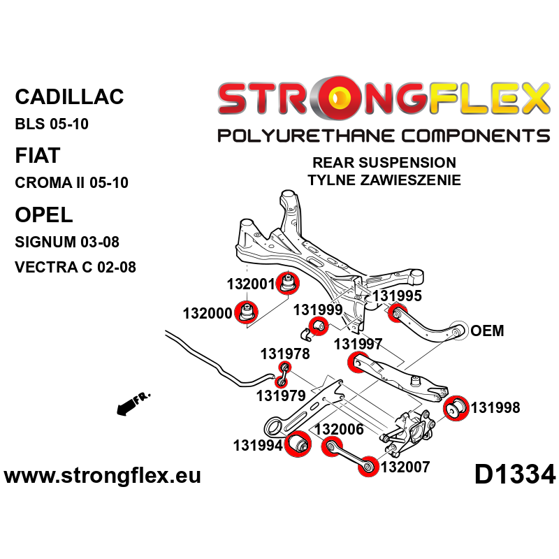 STRONGFLEX|132000B: Hintere Achsträger – vordere Buchse Cadillac BLS 05-10 Saab 9-3 II 02-14 YS3F FWD Diagramm Schema:D1334