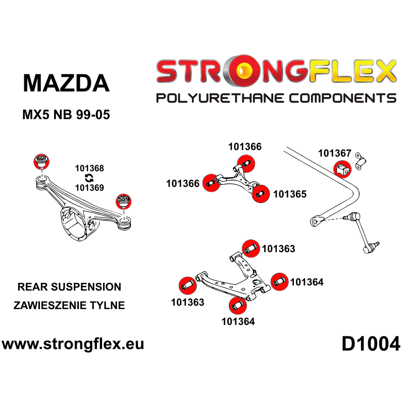 STRONGFLEX|101364A: Casquillo de horquilla inferior trasera, exterior SPORT Mazda MX-5/Miata Roadster I 89-98 NA II 99-05 NB