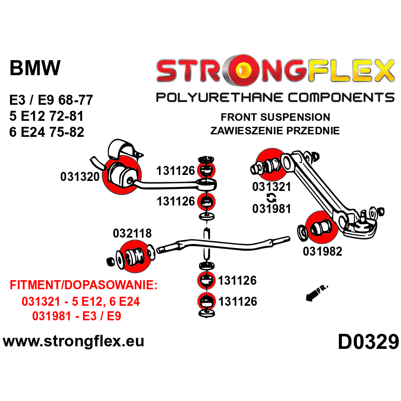 STRONGFLEX|031320A: Front / rear anti roll bar bush SPORT BMW Series 3 I 75-82 E21 Seria 6 76-89 E24 E3/E9 diagram scheme:D0329