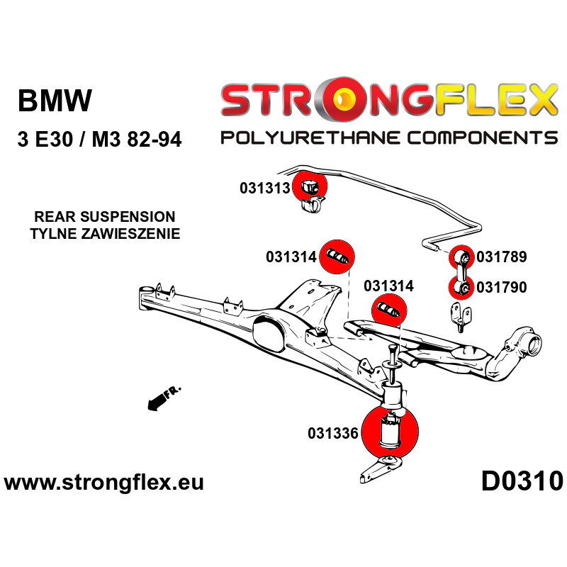 STRONGFLEX|031314B: Rear trailing arm bush BMW Series 3 I 75-82 E21 II 82-91 E30 III 90-99 E36 93-00 diagram scheme:D0310